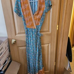 Bohemian Floral Maxi Dress in Teal and Rust